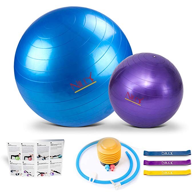 Nilly Yoga & Pilates Exercise Ball Home Gym Kit (4-Piece Set) Incl. 2 Fitness Balls ( Big & Small ) , Air Pump, Resistance Band | Promote Strength, Stability Balance with Low-Impact Support