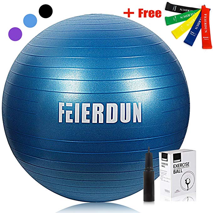 Exercise Ball Thick Anti-Burst Yoga Stability Ball （55cm 65cm 75cm）Supporting 2200lbs INCLUDED FIVE LOOP RESISTANCE BANDS for Workout, Fitness, Balance, Use for a Work Chair