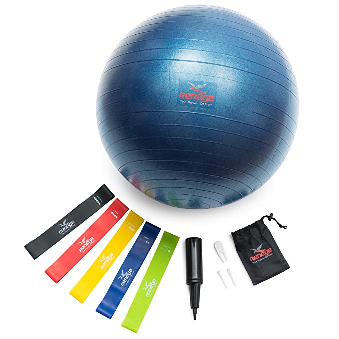 Yoga Exercise Ball and Resistance Bands Set, for The Ultimate Home Workout Experience by RENEG8 - Includes Set of 5 Loop Bands & Heavy Duty Stability Ball with Non Slip Anti Burst Design