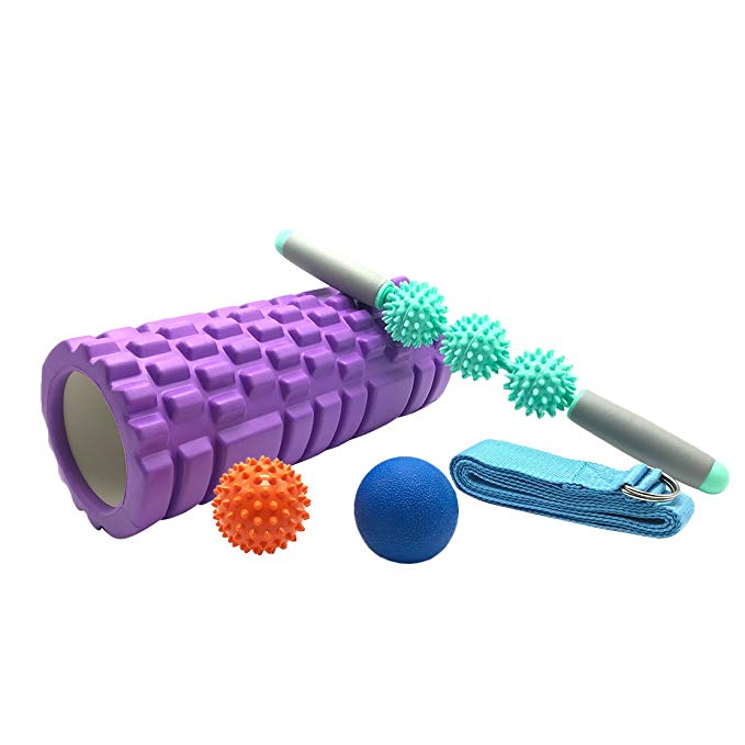 CbMoun 5 in 1 Foam Roller, Muscle Roller Stick, Massage Ball, Pressure Point Ball, Stretch Band. Yoga & Massage Relax After Work Out, for Back, Legs, Shoulder, Arms, Neck Pain Reliever