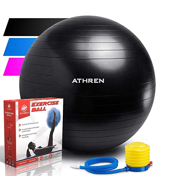 Athren Exercise Ball (45-85cm) - Extra Thick at: 2000lbs. Anti-Burst Professional Grade Yoga Ball - Also Known as Birthing Ball, Fitness Balls, Swiss Ball. Medicine Ball Chair, Pumps Quickly