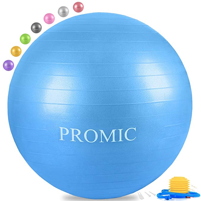 PROMIC Exercise Ball (45-85cm) with Quick Foot Pump, Professional Grade Anti Burst & Slip Resistant Balance Ball for Yoga, Balance, Workout, Fitness, Use for a Work Chair (8 Colors)