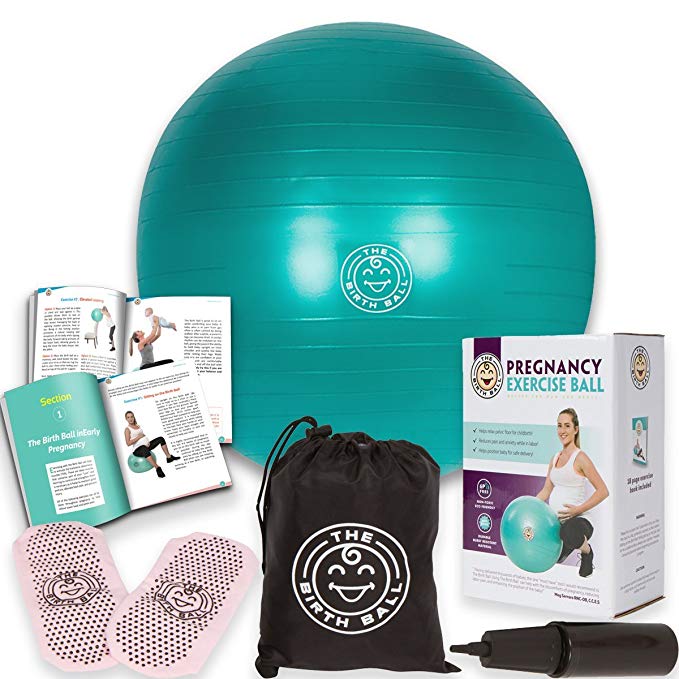 The Birth Ball - Birthing Ball for Pregnancy - Labor Ball + 18pg Pregnancy Ball Exercises Guide by Trimester How to Dilate, How to Reposition Baby & More 2000lb Stress Limit, Non Slip Socks