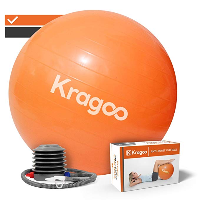 Exercise Ball, Kragoo Anti-Burst Gym Ball with Foot Pump, Thick and Durable PVC, Anti-Slip Balance Ball for Home, Office or Gym Professional Grade Yoga Ball