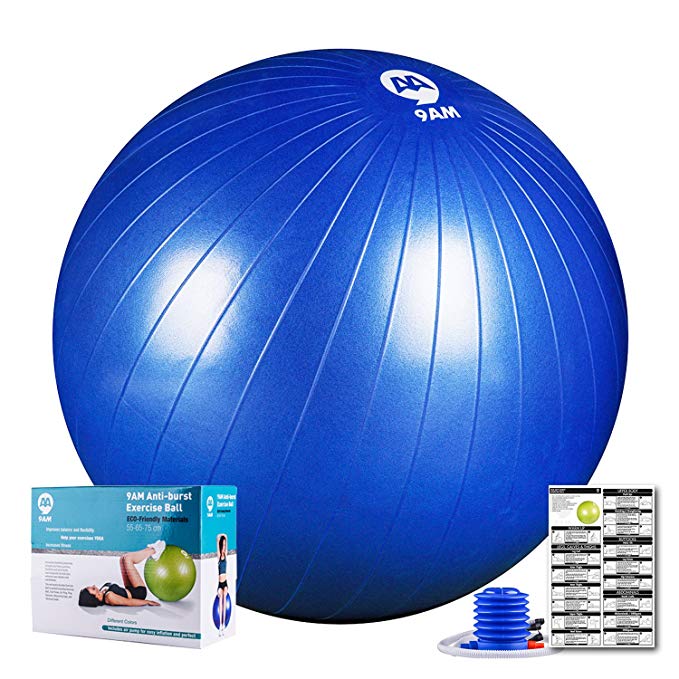 9AM Anti Burst Exercise Ball for Yoga Core Strength Balance Stability Fitness and Desk Chair/Slip resistant Supports 2500lbs/with Foot Pump n Workout Guide