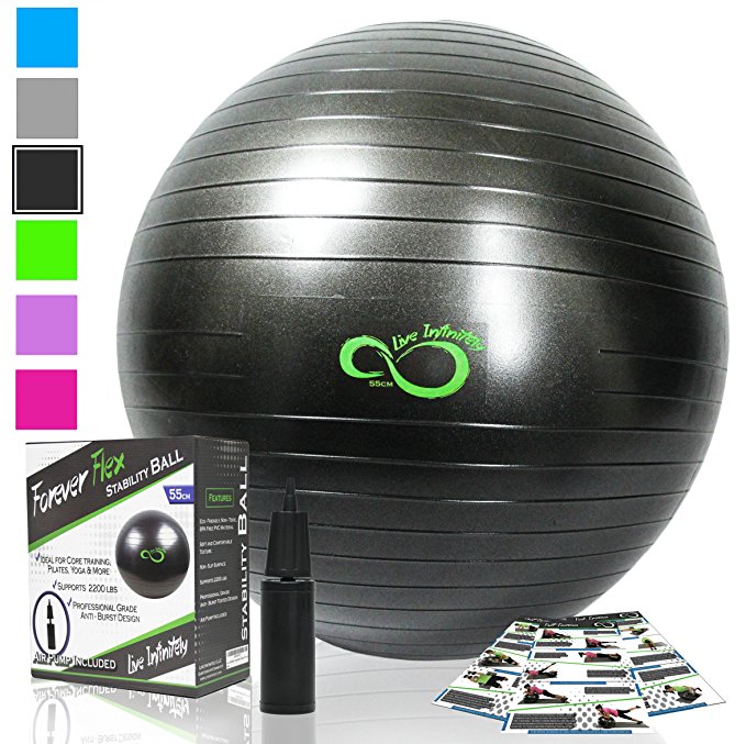 Live Infinitely Exercise Ball -Professional Grade Exercise Equipment Anti Burst Tested with Hand Pump- Supports 2200lbs- Includes Workout Guide Access- 55cm/65cm/75cm/85cm/95cm Balance Balls