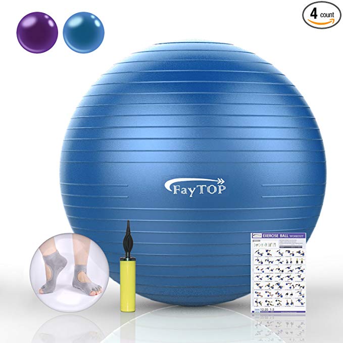 FayTOP 65cm Exercise Ball EXTRA THICK Frosted Surface 2200lb Capacity -Stability Ball, Yoga Ball, Birth Ball, Balance Ball, Pilates Ball, Fitness Ball -Includes: Yoga Socks, User Manual, Quick Pump