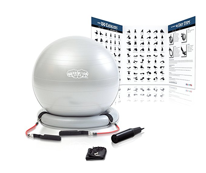 Superior Fitness 600 lb Exercise/Yoga / Stability Ball With Heavy Duty Gym Quality Resistance Bands & Pump - Improves Balance, Core Strength, Back Pain & Posture - For Men & Women
